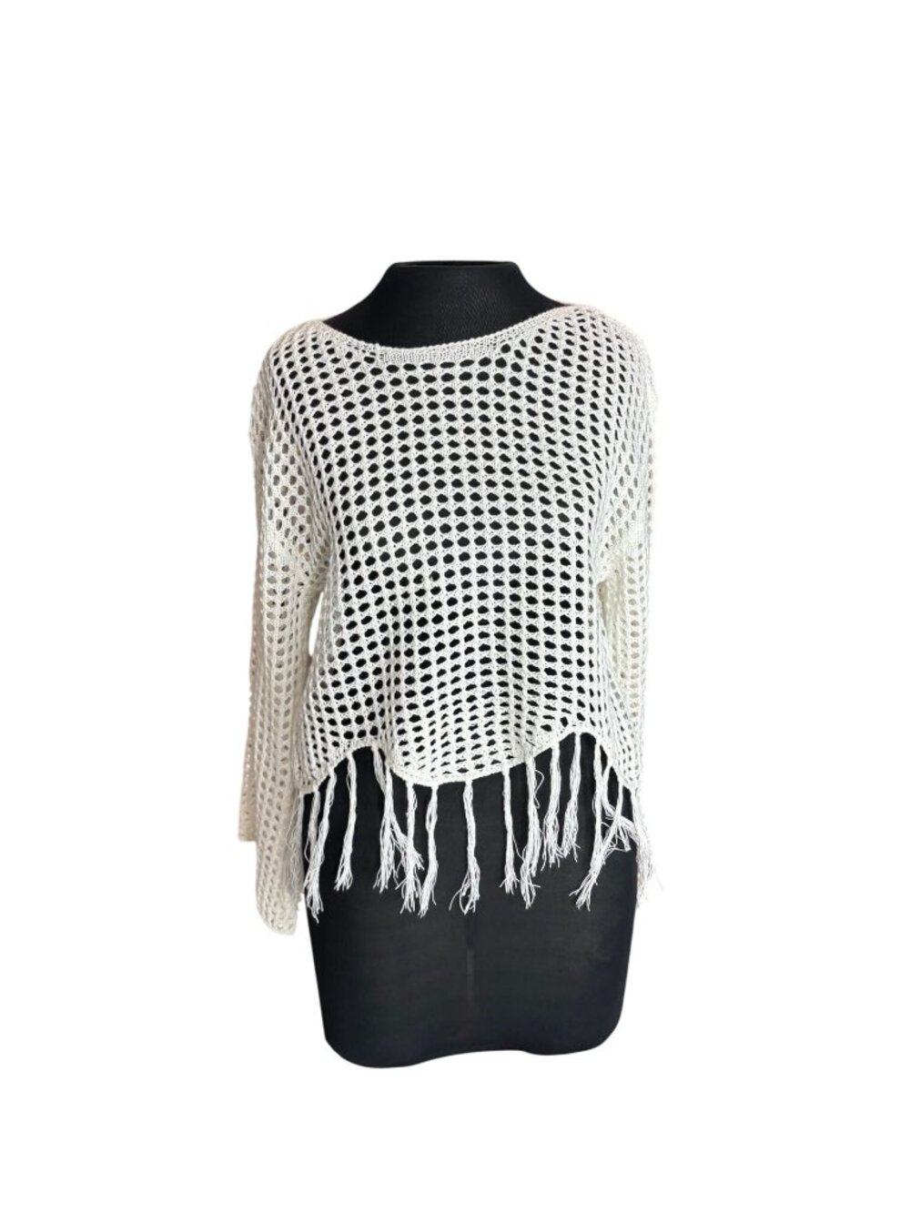 FCT With Love Womens Open Crochet Fringed Sweater Large White
